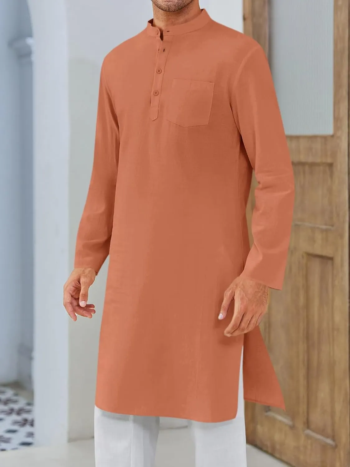 Gafeng Mens Kaftan Robe Button Down Long Sleeve Henley Cotton Thobe Casual Side Split Gown Shirt