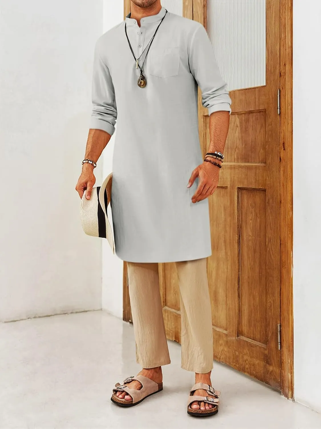 Gafeng Mens Kaftan Robe Button Down Long Sleeve Henley Cotton Thobe Casual Side Split Gown Shirt