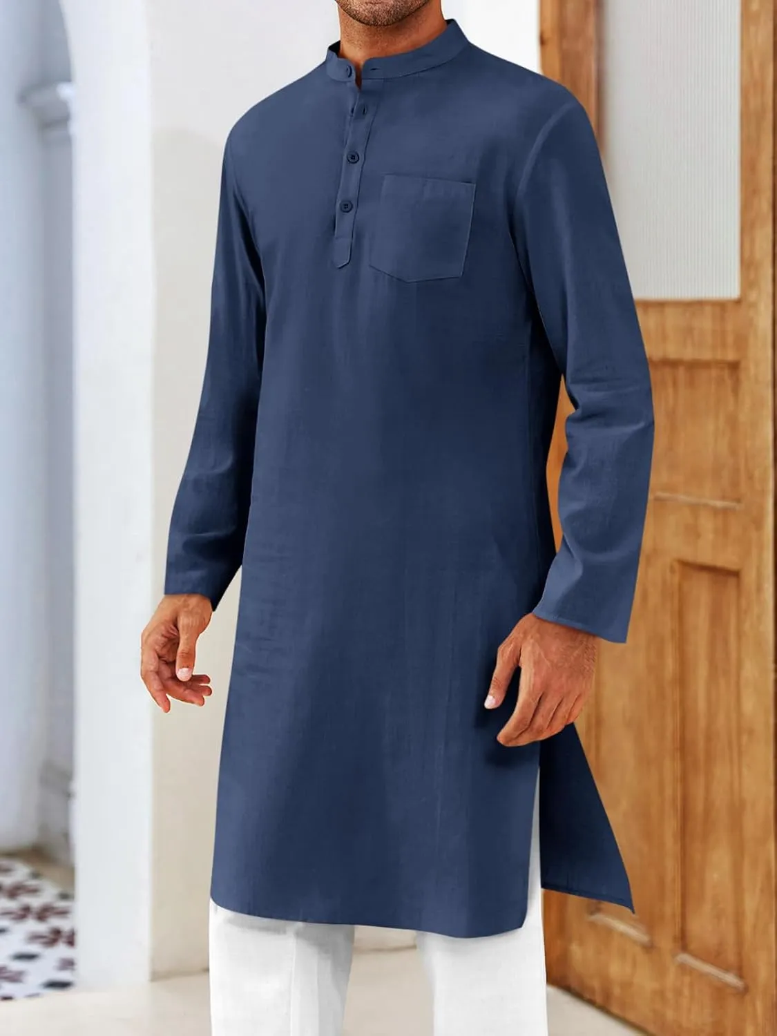 Gafeng Mens Kaftan Robe Button Down Long Sleeve Henley Cotton Thobe Casual Side Split Gown Shirt