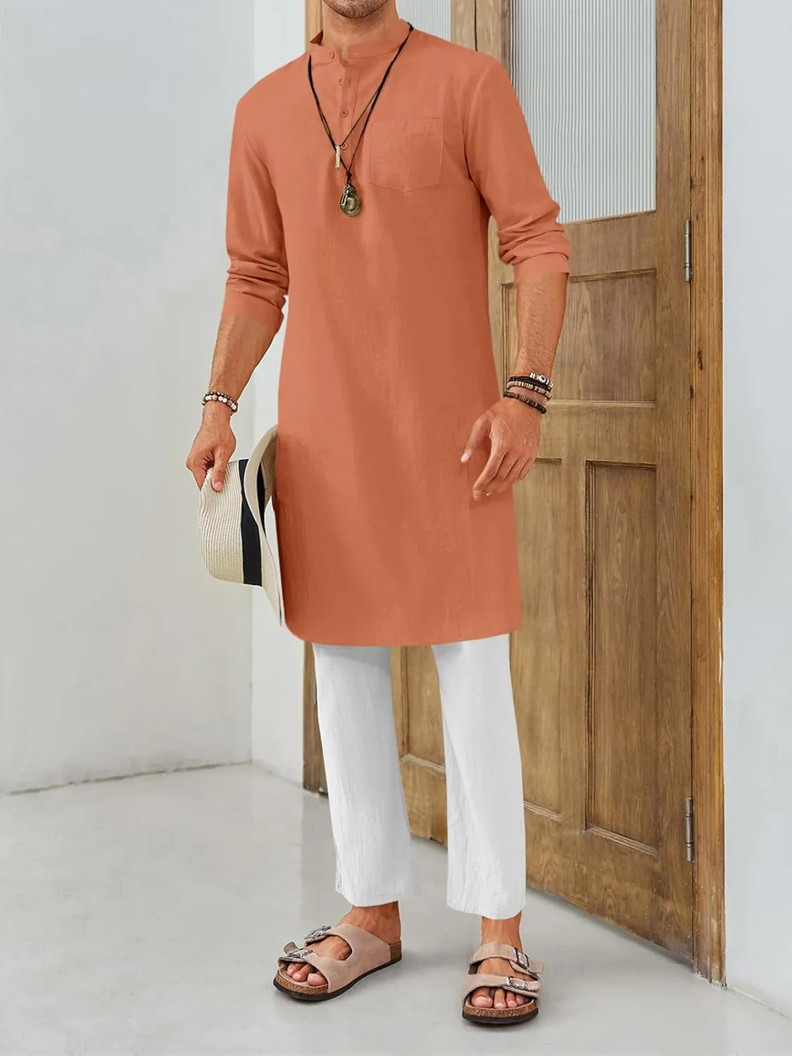 Gafeng Mens Kaftan Robe Button Down Long Sleeve Henley Cotton Thobe Casual Side Split Gown Shirt
