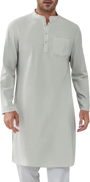 Gafeng Mens Kaftan Robe Button Down Long Sleeve Henley Cotton Thobe Casual Side Split Gown Shirt