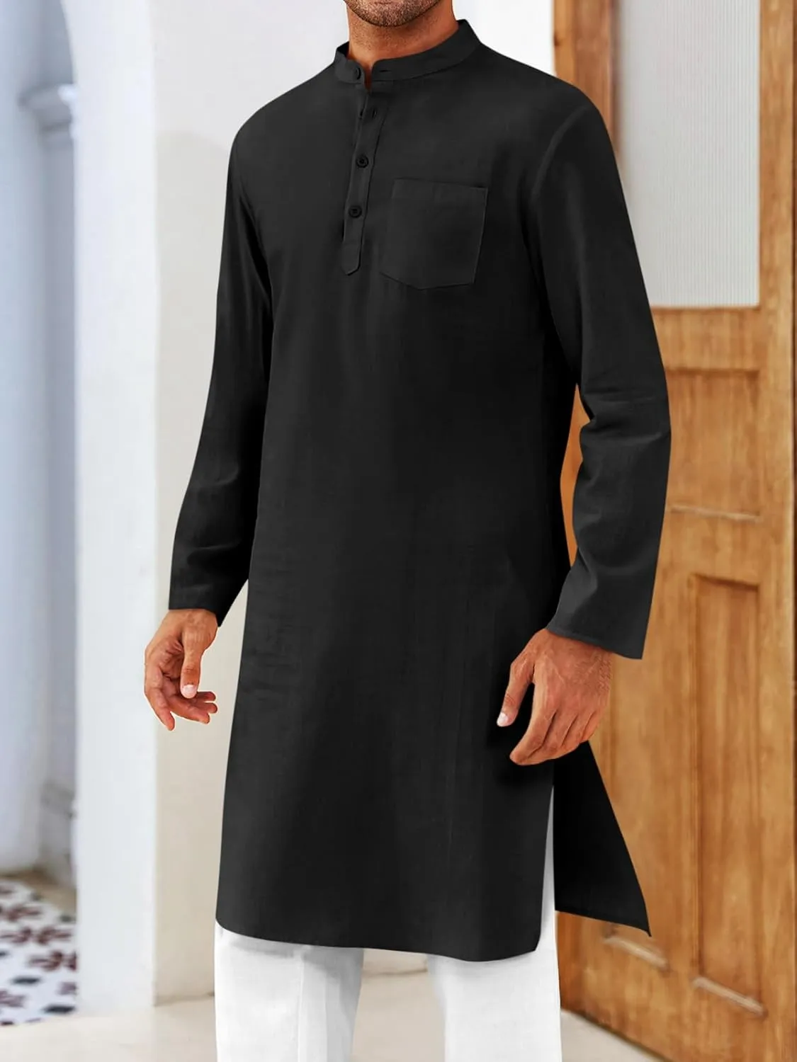 Gafeng Mens Kaftan Robe Button Down Long Sleeve Henley Cotton Thobe Casual Side Split Gown Shirt