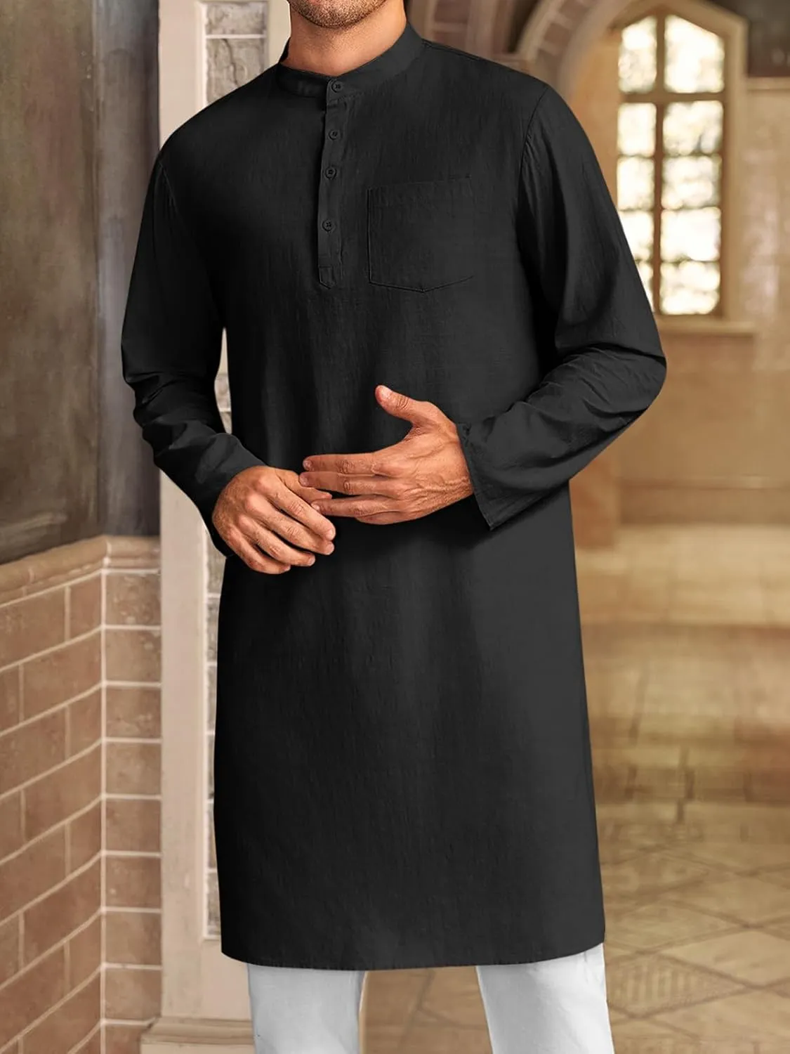 Gafeng Mens Kaftan Robe Button Down Long Sleeve Henley Cotton Thobe Casual Side Split Gown Shirt