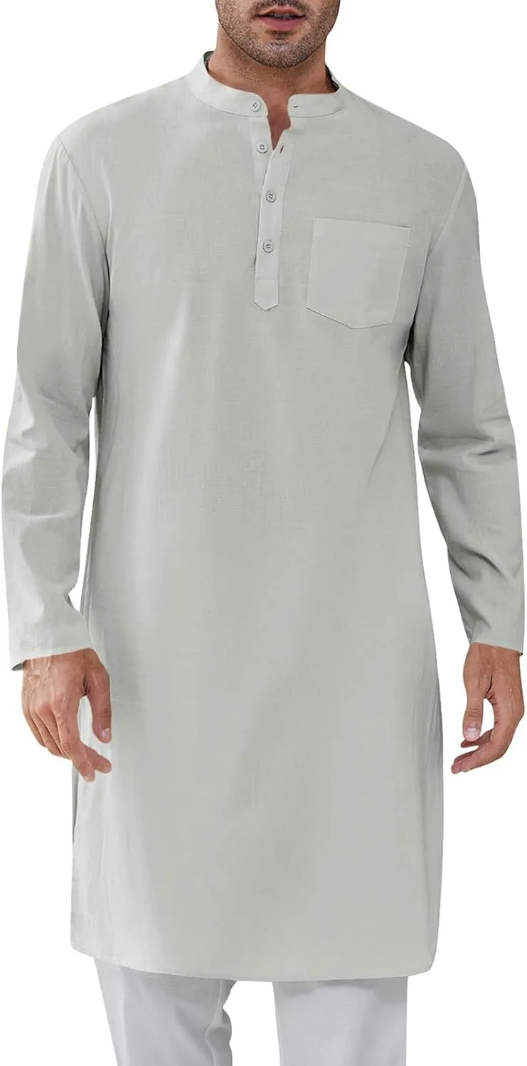 Gafeng Mens Kaftan Robe Button Down Long Sleeve Henley Cotton Thobe Casual Side Split Gown Shirt