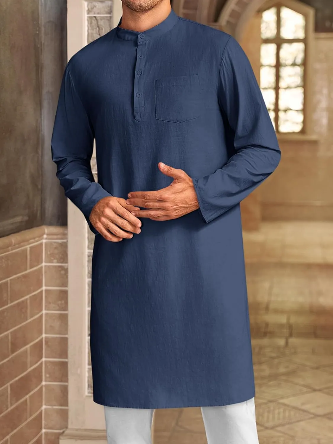 Gafeng Mens Kaftan Robe Button Down Long Sleeve Henley Cotton Thobe Casual Side Split Gown Shirt