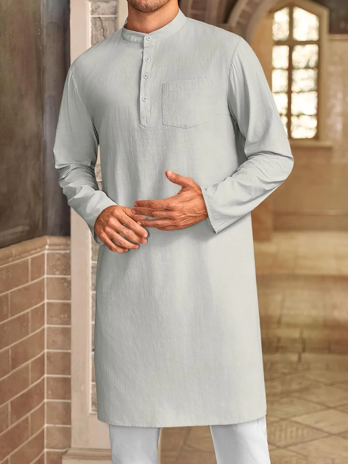 Gafeng Mens Kaftan Robe Button Down Long Sleeve Henley Cotton Thobe Casual Side Split Gown Shirt