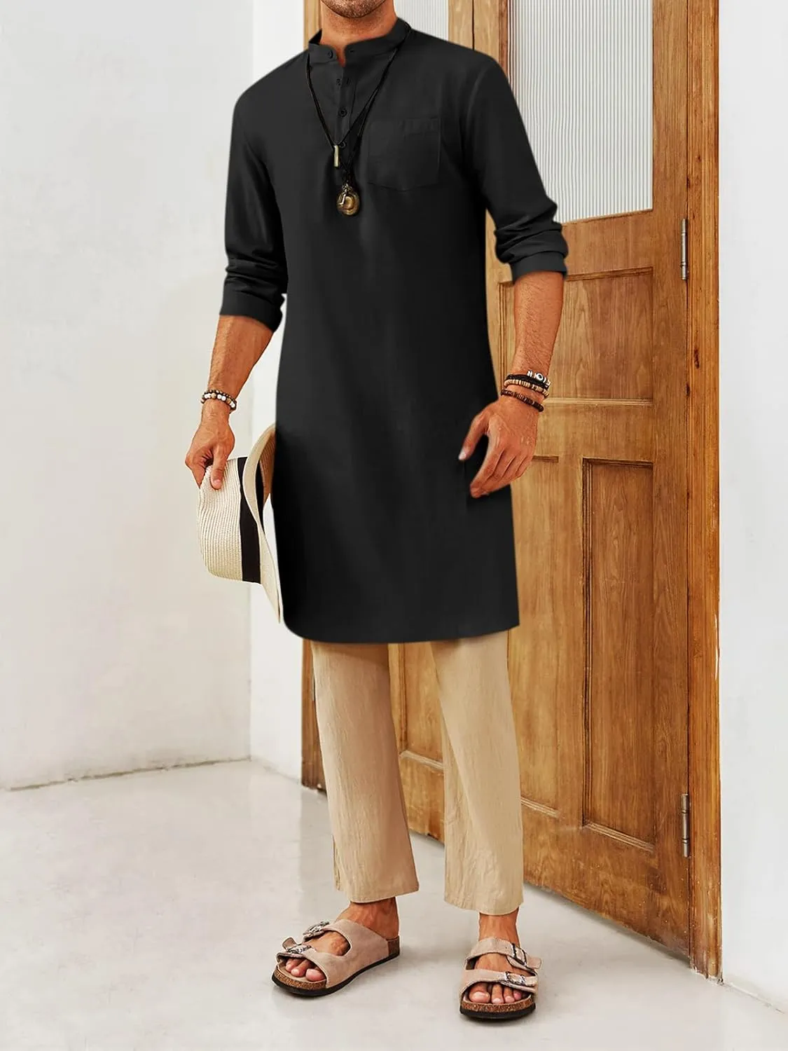 Gafeng Mens Kaftan Robe Button Down Long Sleeve Henley Cotton Thobe Casual Side Split Gown Shirt