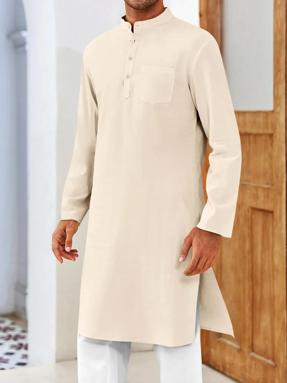 Gafeng Mens Kaftan Robe Button Down Long Sleeve Henley Cotton Thobe Casual Side Split Gown Shirt