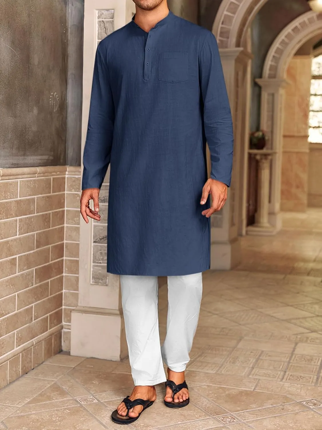 Gafeng Mens Kaftan Robe Button Down Long Sleeve Henley Cotton Thobe Casual Side Split Gown Shirt