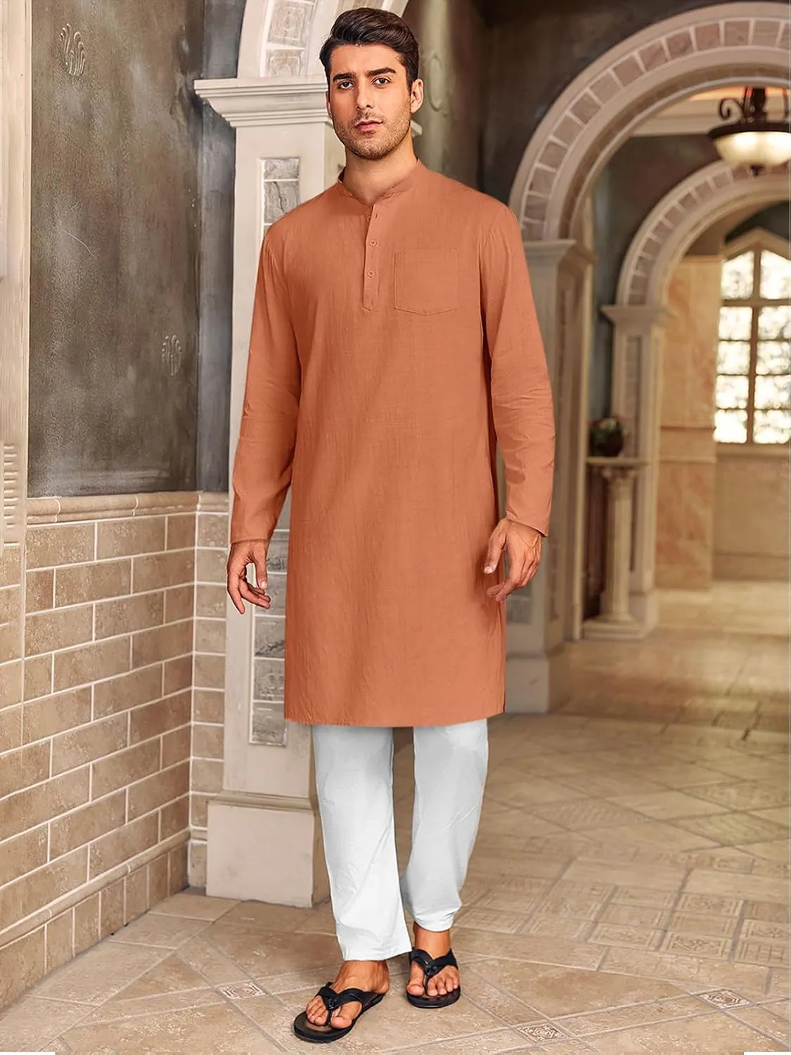 Gafeng Mens Kaftan Robe Button Down Long Sleeve Henley Cotton Thobe Casual Side Split Gown Shirt