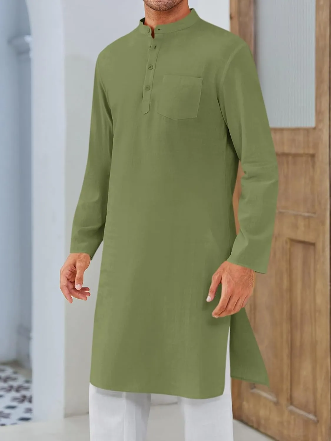 Gafeng Mens Kaftan Robe Button Down Long Sleeve Henley Cotton Thobe Casual Side Split Gown Shirt