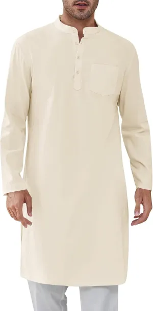 Gafeng Mens Kaftan Robe Button Down Long Sleeve Henley Cotton Thobe Casual Side Split Gown Shirt