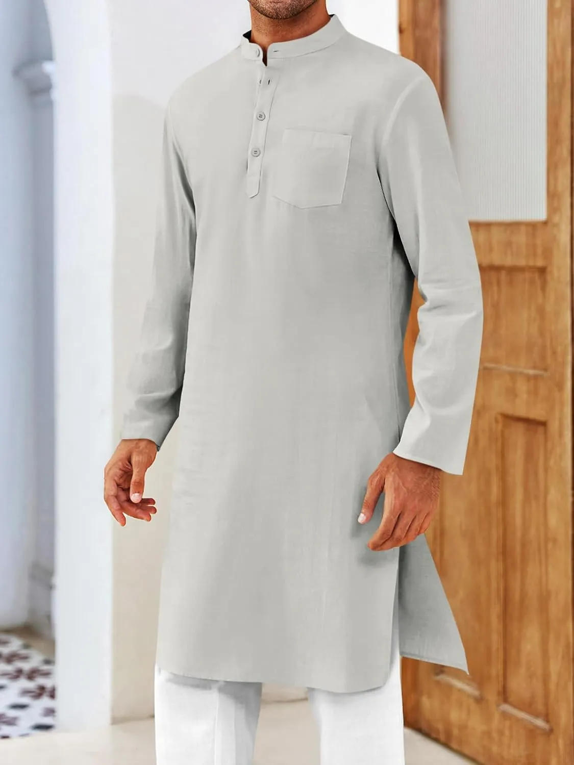 Gafeng Mens Kaftan Robe Button Down Long Sleeve Henley Cotton Thobe Casual Side Split Gown Shirt