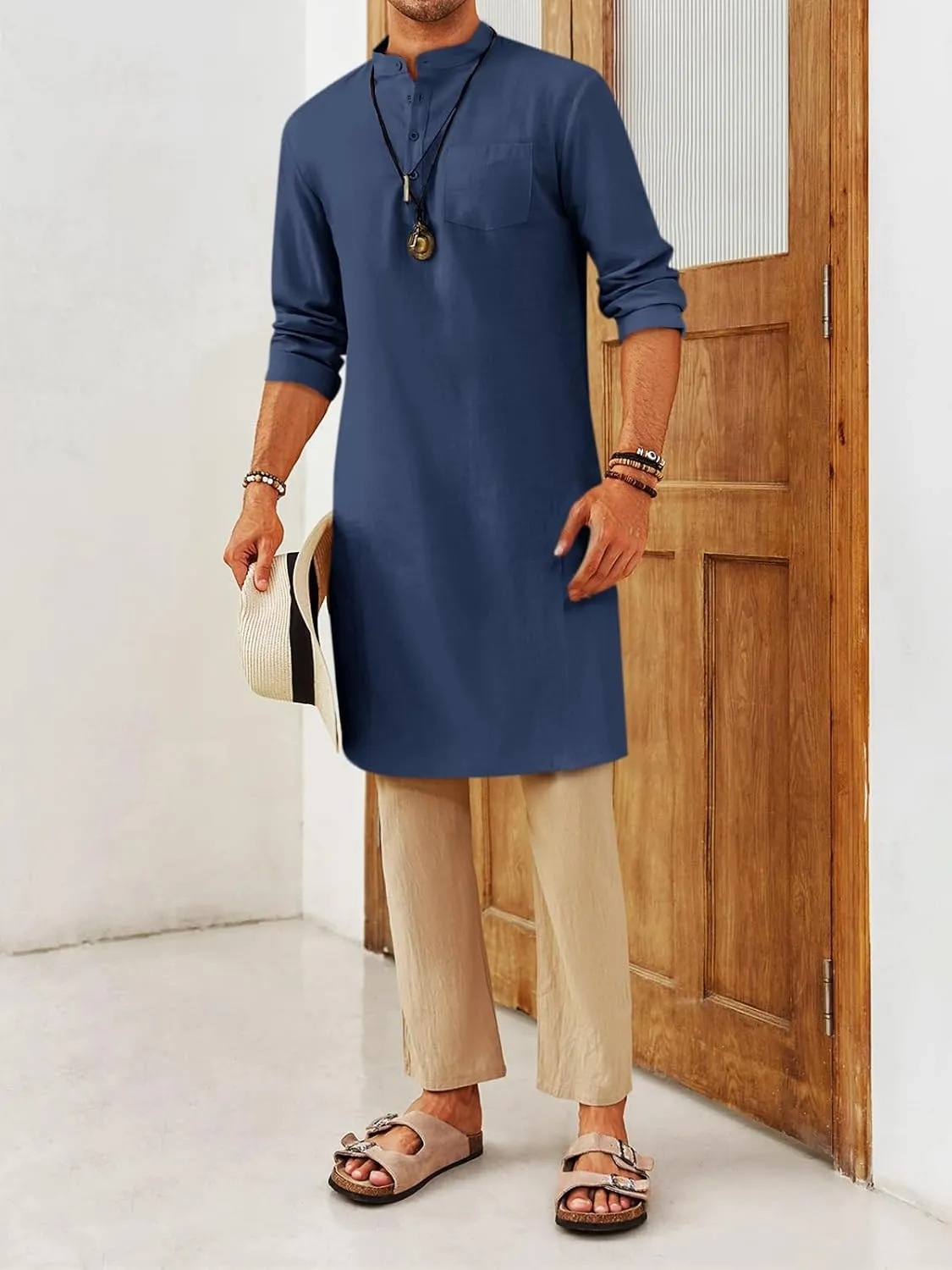 Gafeng Mens Kaftan Robe Button Down Long Sleeve Henley Cotton Thobe Casual Side Split Gown Shirt