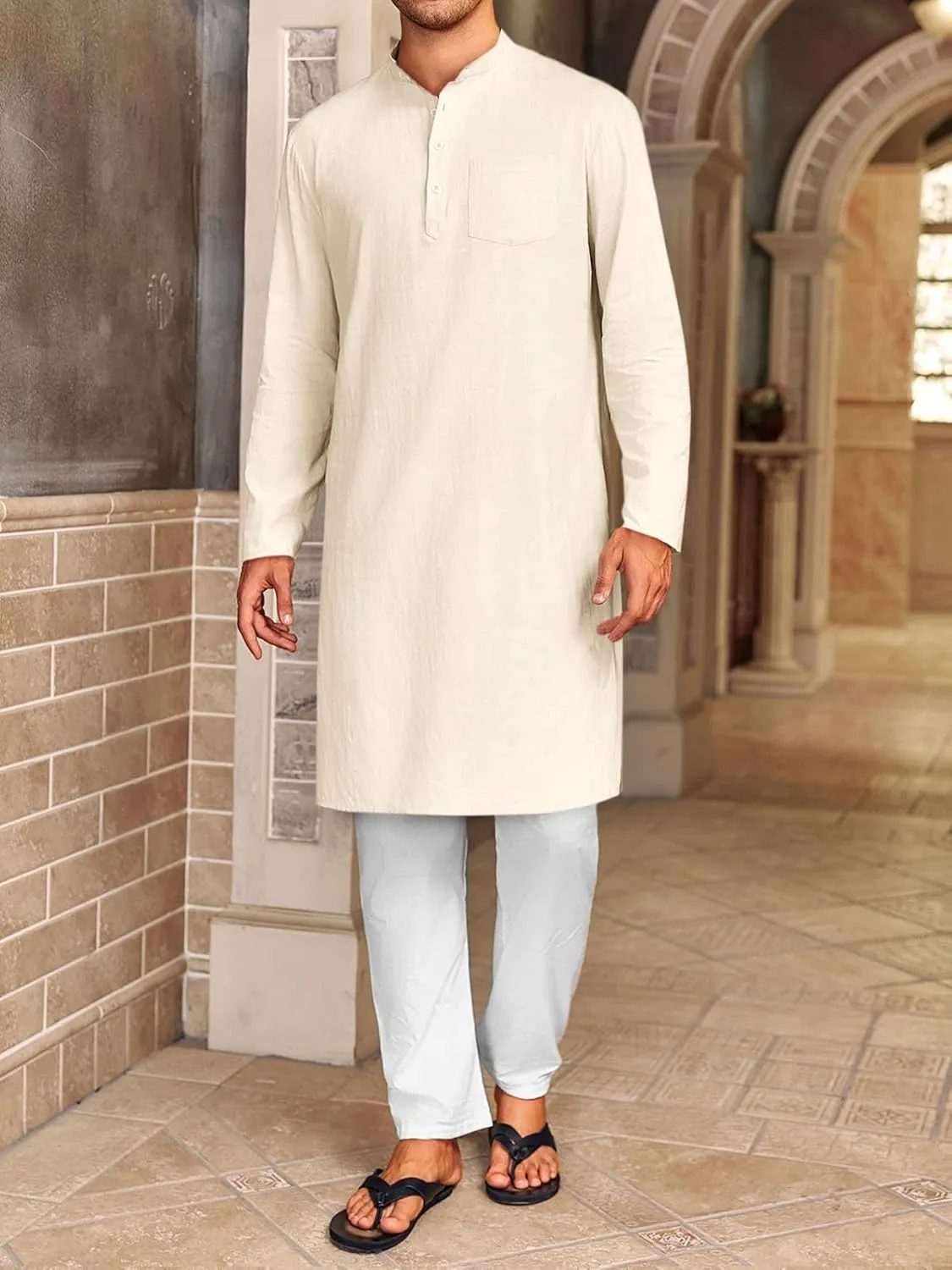 Gafeng Mens Kaftan Robe Button Down Long Sleeve Henley Cotton Thobe Casual Side Split Gown Shirt