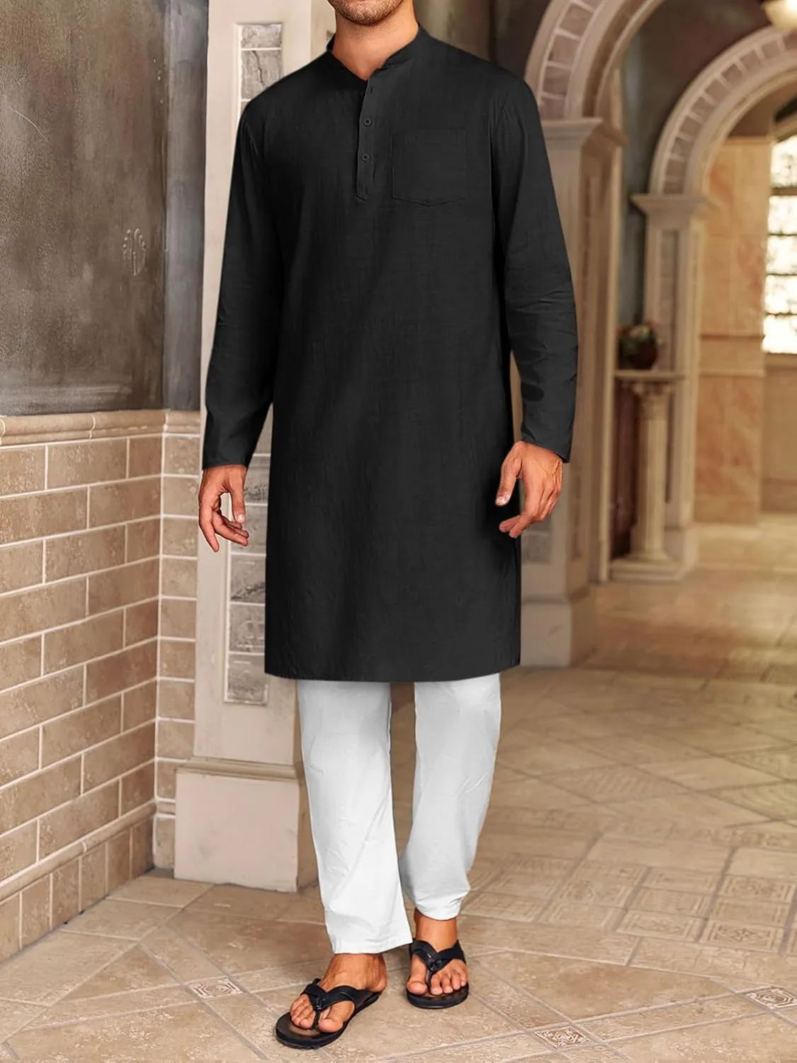 Gafeng Mens Kaftan Robe Button Down Long Sleeve Henley Cotton Thobe Casual Side Split Gown Shirt
