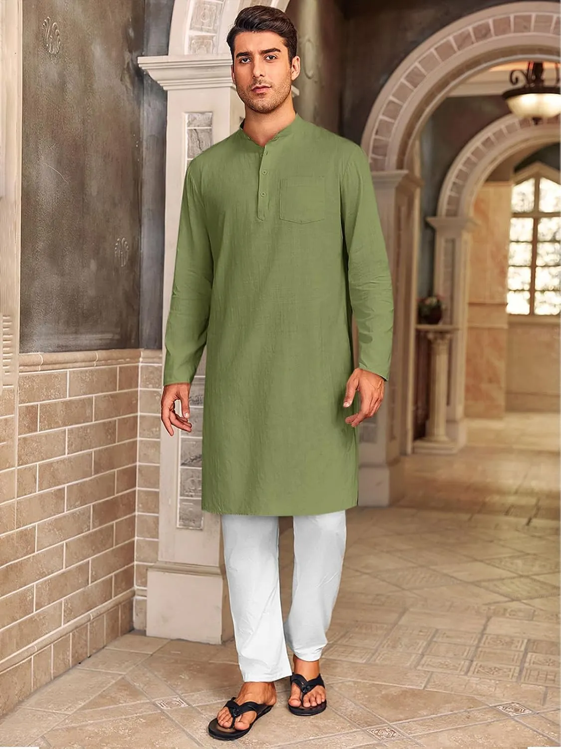 Gafeng Mens Kaftan Robe Button Down Long Sleeve Henley Cotton Thobe Casual Side Split Gown Shirt