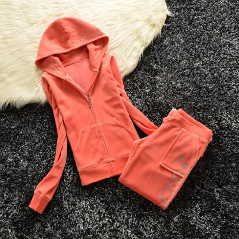 Getadme Juicy Corture Tracksuits Juicy Contour Tracksuit Fall Winter Women 2 Piece Velvet Tracksuit Masonry Crown Casual Ladies Set