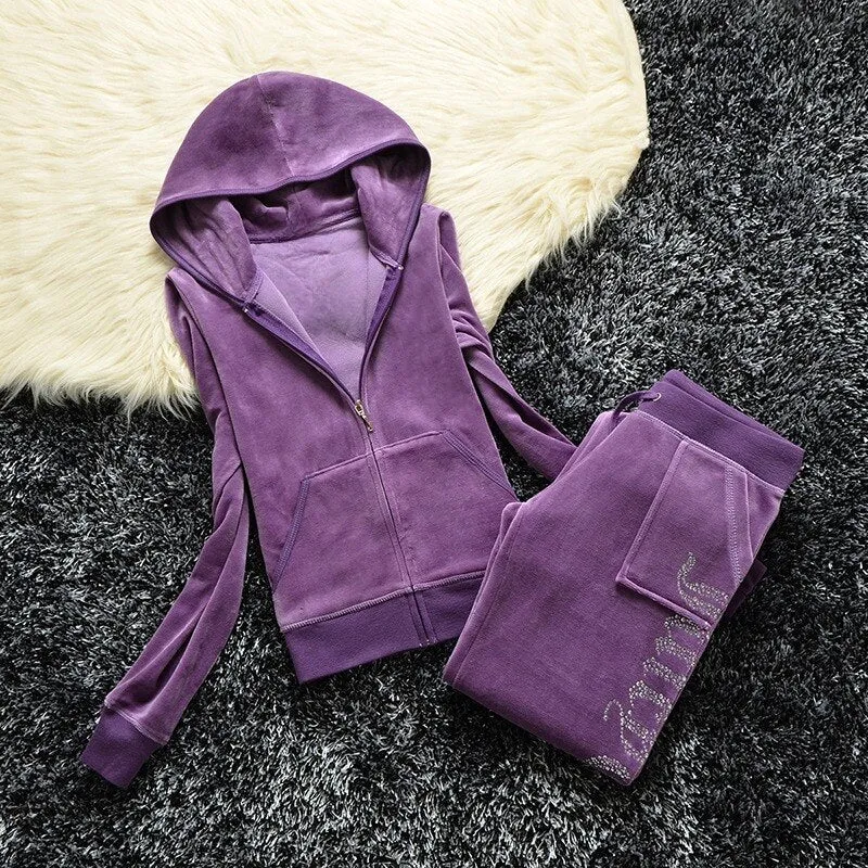 Getadme Juicy Corture Tracksuits Juicy Contour Tracksuit Fall Winter Women 2 Piece Velvet Tracksuit Masonry Crown Casual Ladies Set
