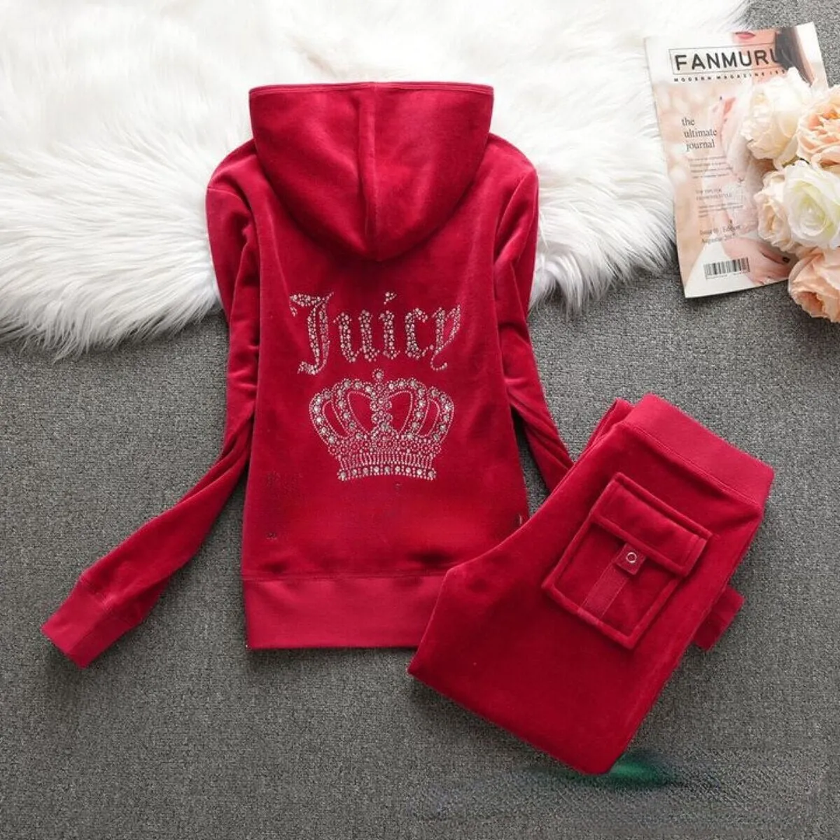 Getadme Juicy Corture Tracksuits Juicy Contour Tracksuit Fall Winter Women 2 Piece Velvet Tracksuit Masonry Crown Casual Ladies Set
