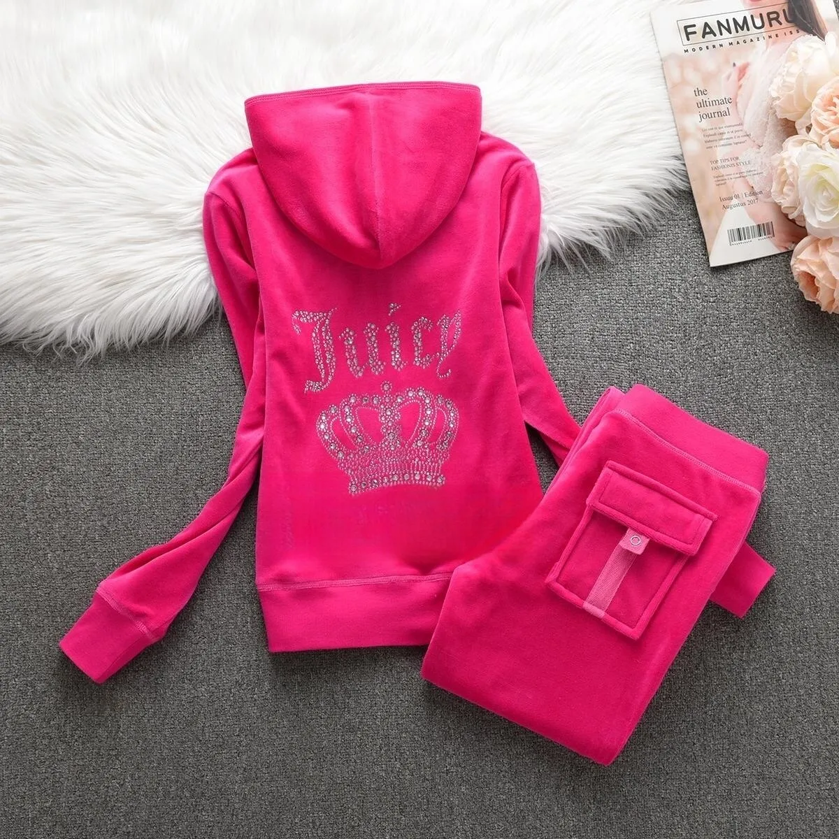 Getadme Juicy Corture Tracksuits Juicy Contour Tracksuit Fall Winter Women 2 Piece Velvet Tracksuit Masonry Crown Casual Ladies Set