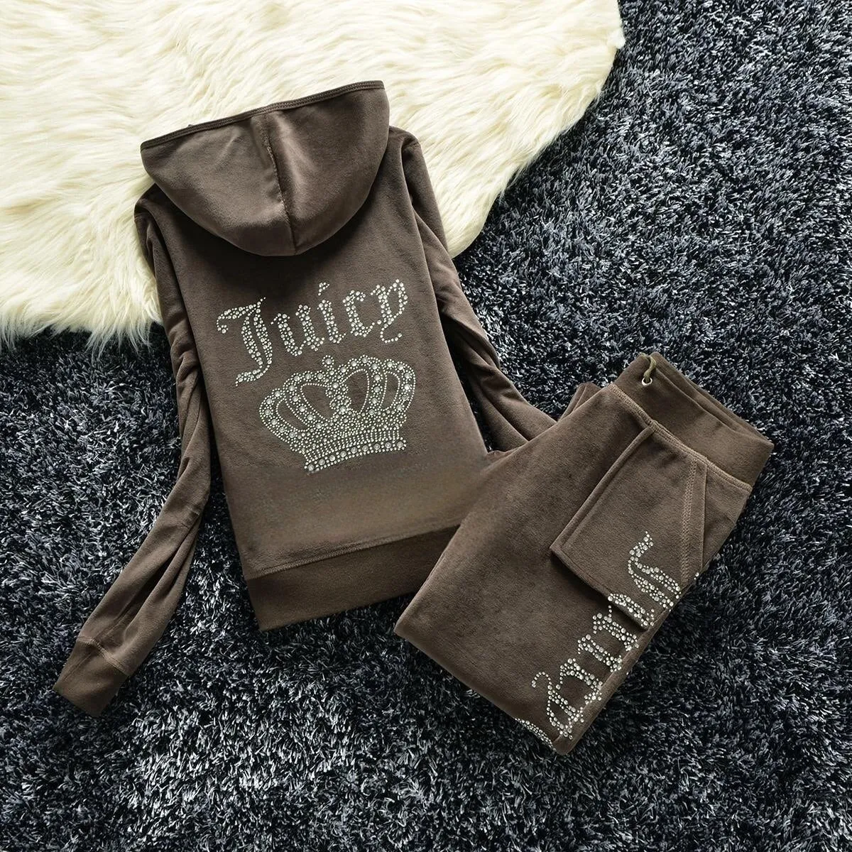Getadme Juicy Corture Tracksuits Juicy Contour Tracksuit Fall Winter Women 2 Piece Velvet Tracksuit Masonry Crown Casual Ladies Set