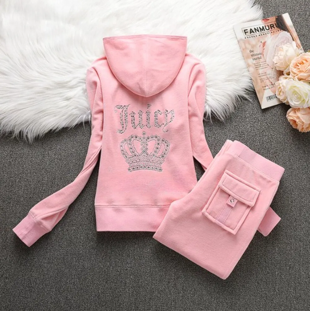 Getadme Juicy Corture Tracksuits Juicy Contour Tracksuit Fall Winter Women 2 Piece Velvet Tracksuit Masonry Crown Casual Ladies Set