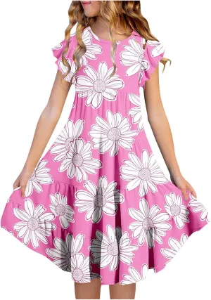 Girls Dresses Summer Floral Print Ruffle Tiered Layers Flowy Swing Sundress Casual Short Sleeve A-Line Midi Dress