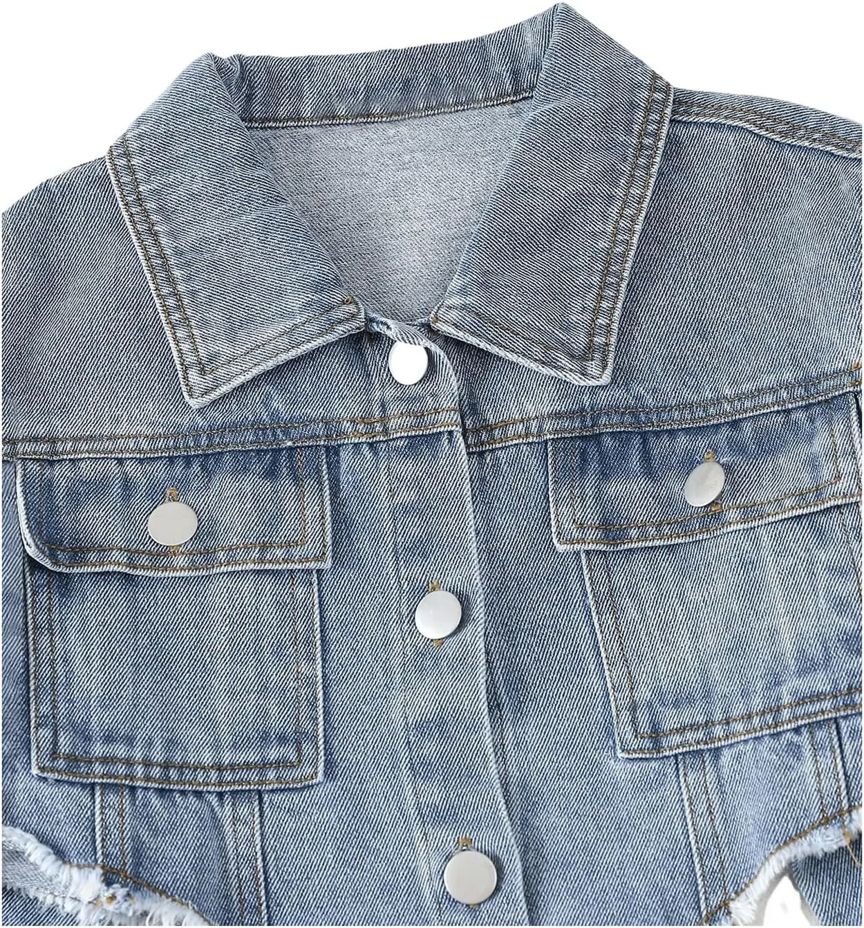 Girl's Long Sleeve Asymmetrical Raw Hem Coat Collared Neck Button Up Crop Denim Jackets with Pockets