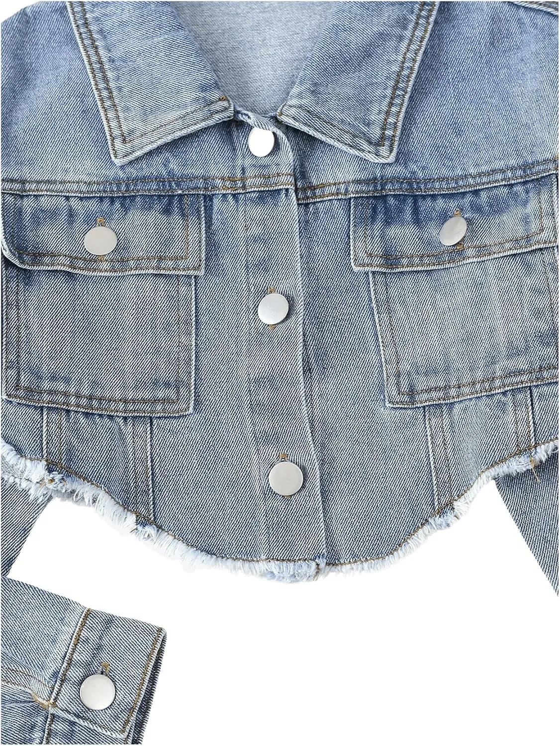Girl's Long Sleeve Asymmetrical Raw Hem Coat Collared Neck Button Up Crop Denim Jackets with Pockets