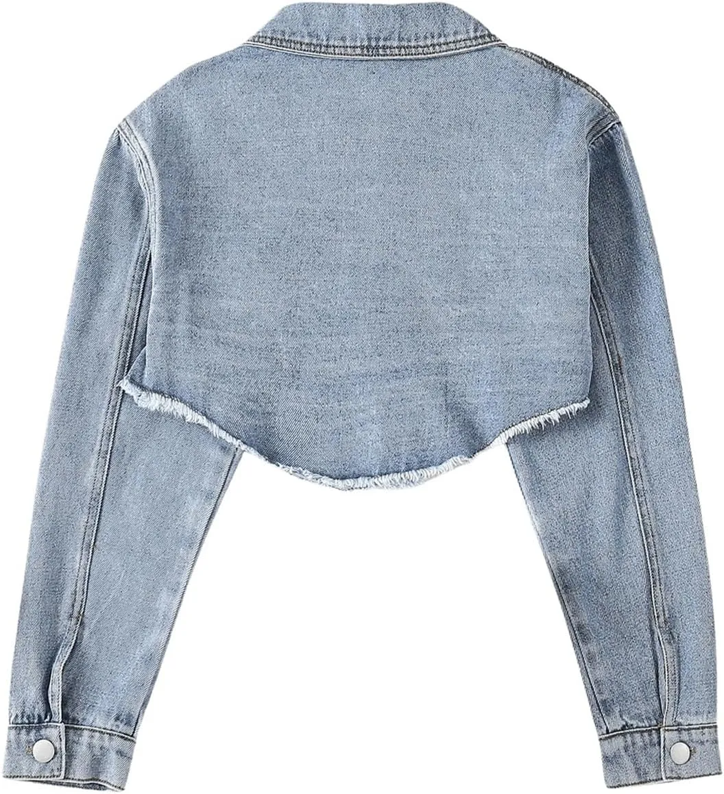 Girl's Long Sleeve Asymmetrical Raw Hem Coat Collared Neck Button Up Crop Denim Jackets with Pockets