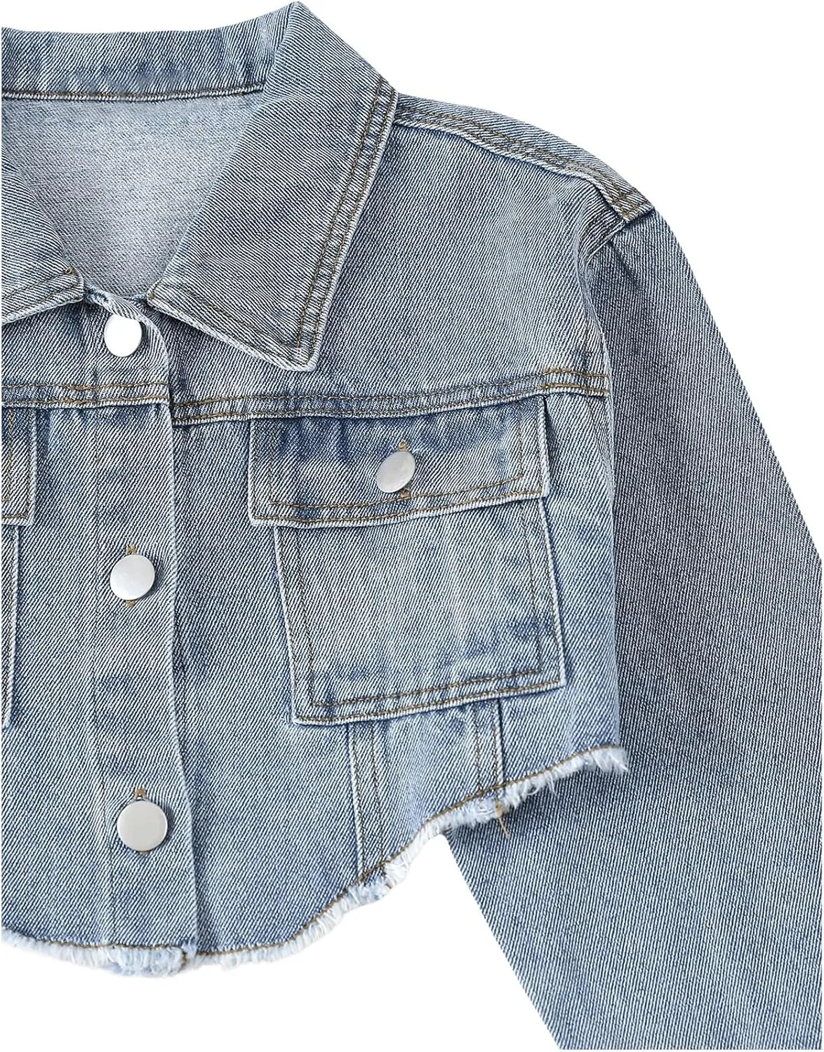 Girl's Long Sleeve Asymmetrical Raw Hem Coat Collared Neck Button Up Crop Denim Jackets with Pockets