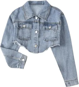 Girl's Long Sleeve Asymmetrical Raw Hem Coat Collared Neck Button Up Crop Denim Jackets with Pockets