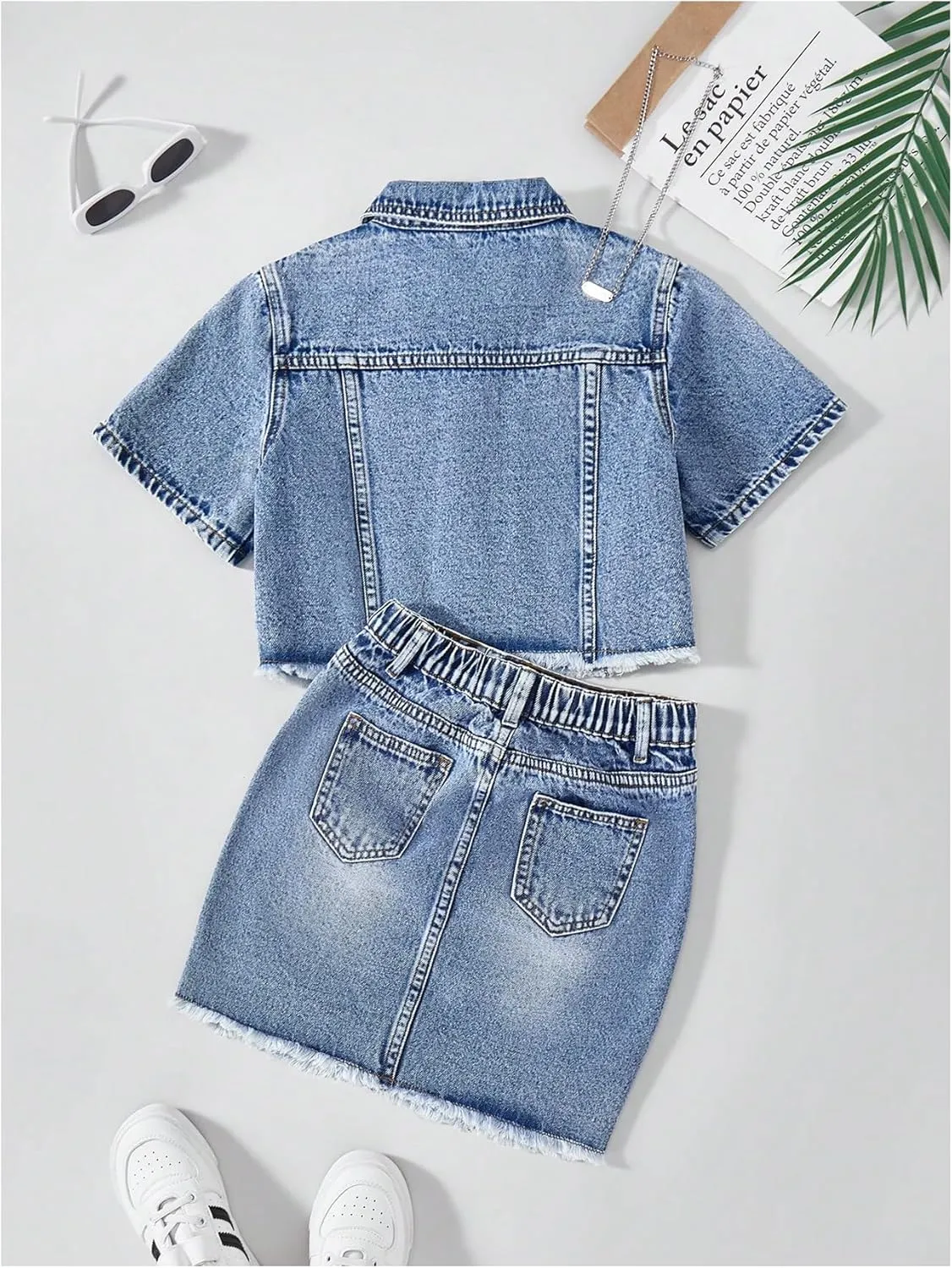 Girl's Summer Denim Outfits Raw Hem Short Sleeve Denim Jackets and Ripped Jean Skirt with Pockets 2 Piece Sets