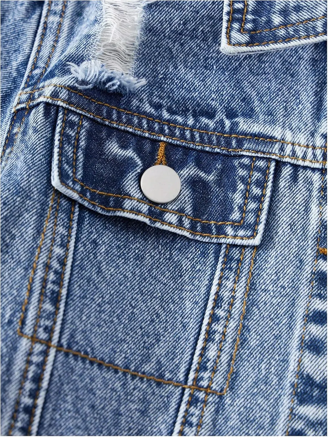 Girl's Summer Denim Outfits Raw Hem Short Sleeve Denim Jackets and Ripped Jean Skirt with Pockets 2 Piece Sets