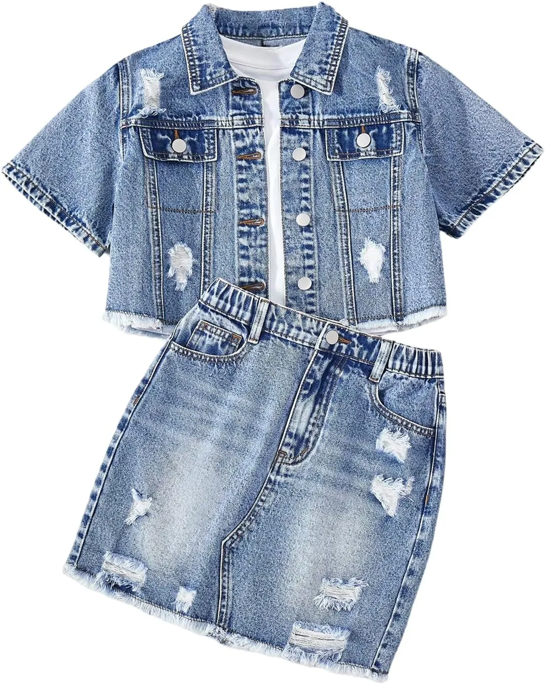 Girl's Summer Denim Outfits Raw Hem Short Sleeve Denim Jackets and Ripped Jean Skirt with Pockets 2 Piece Sets