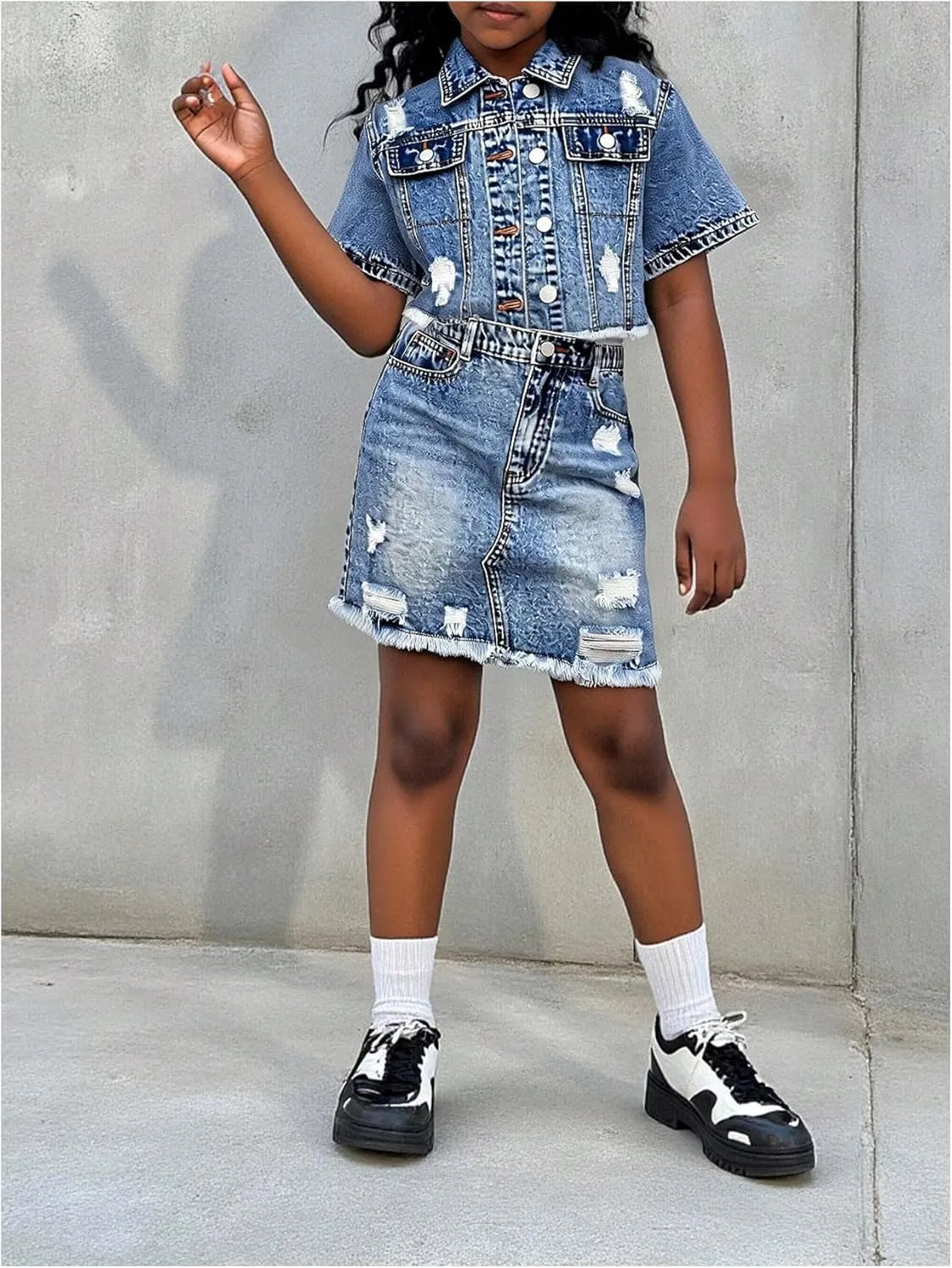 Girl's Summer Denim Outfits Raw Hem Short Sleeve Denim Jackets and Ripped Jean Skirt with Pockets 2 Piece Sets