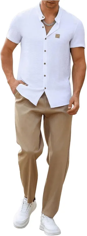 GORGLITTER Men's Summer Vacation Outfits Short Sleeve Button Up Shirts and Pants Matching Sets