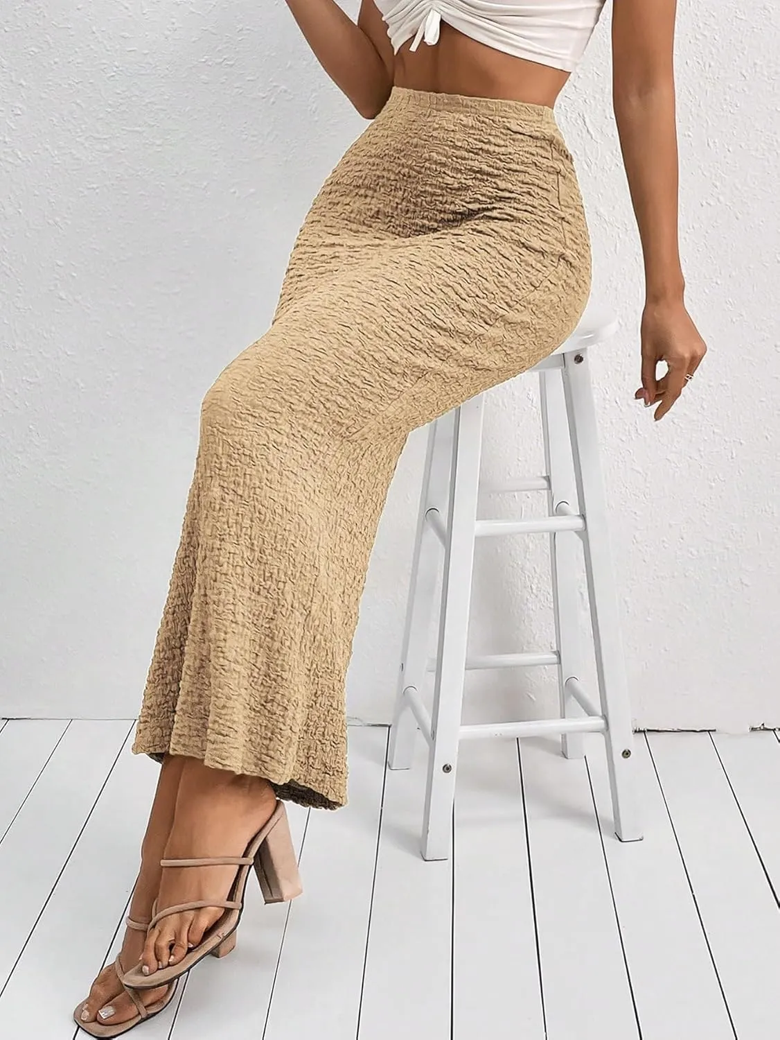 GORGLITTER Women's High Waisted Long Pencil Skirts Ribbed Knit Flowy Bodycon Maxi Skirt