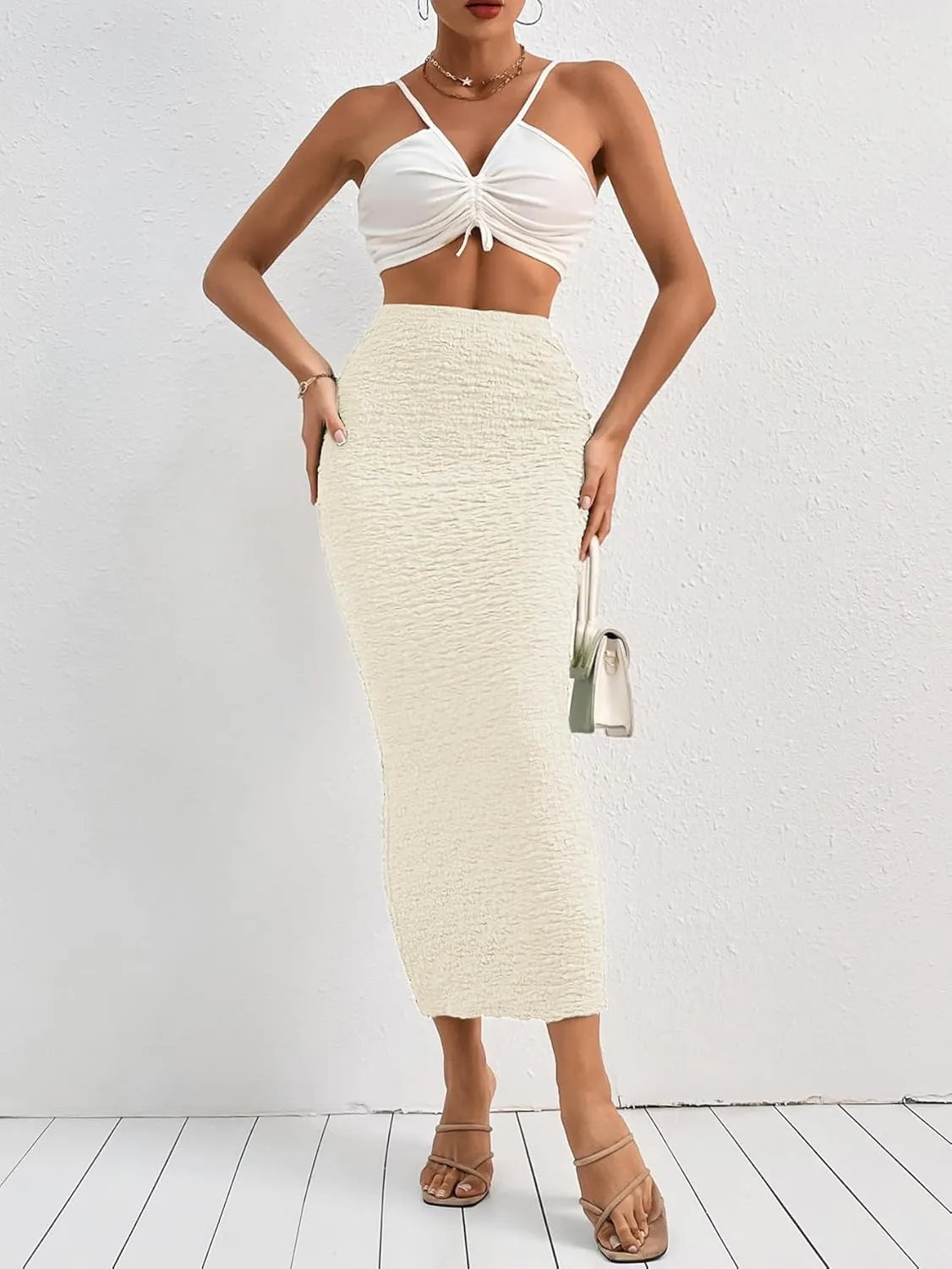 GORGLITTER Women's High Waisted Long Pencil Skirts Ribbed Knit Flowy Bodycon Maxi Skirt