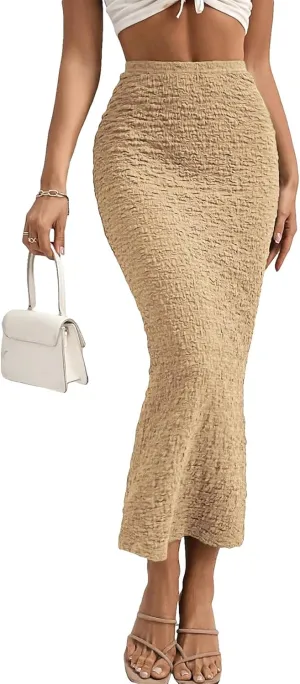 GORGLITTER Women's High Waisted Long Pencil Skirts Ribbed Knit Flowy Bodycon Maxi Skirt