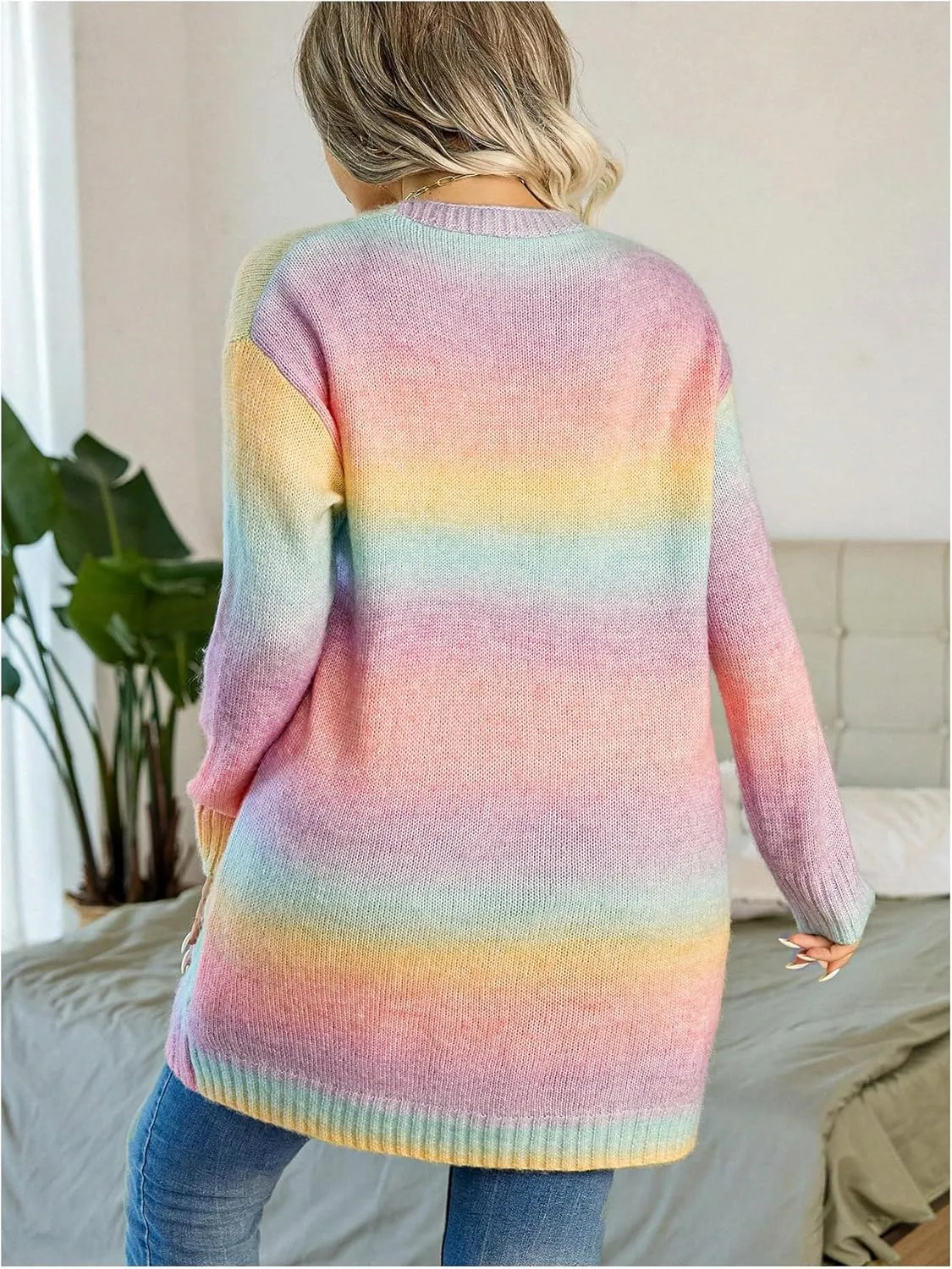 GORGLITTER Women's Plus Size Rainbow Colorful Cardigan Oversized Long Sleeve Cable Knit Cardigan Sweater