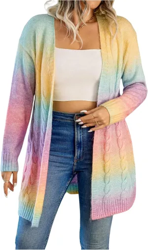 GORGLITTER Women's Plus Size Rainbow Colorful Cardigan Oversized Long Sleeve Cable Knit Cardigan Sweater