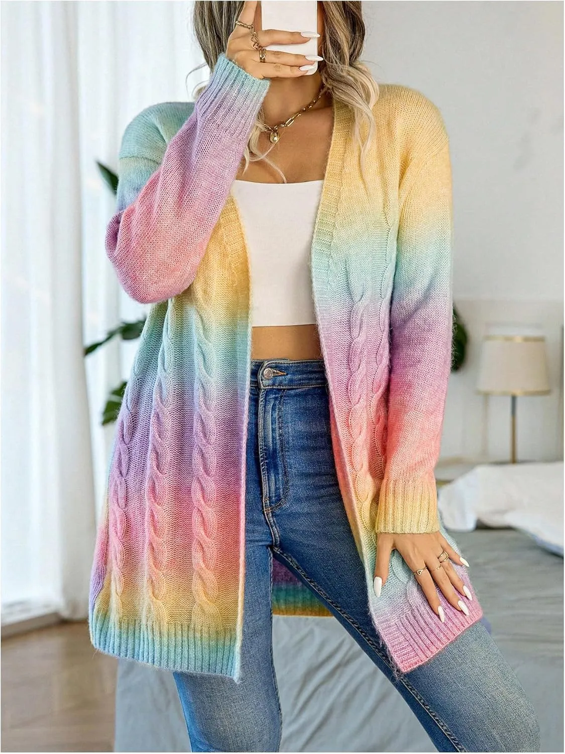GORGLITTER Women's Plus Size Rainbow Colorful Cardigan Oversized Long Sleeve Cable Knit Cardigan Sweater
