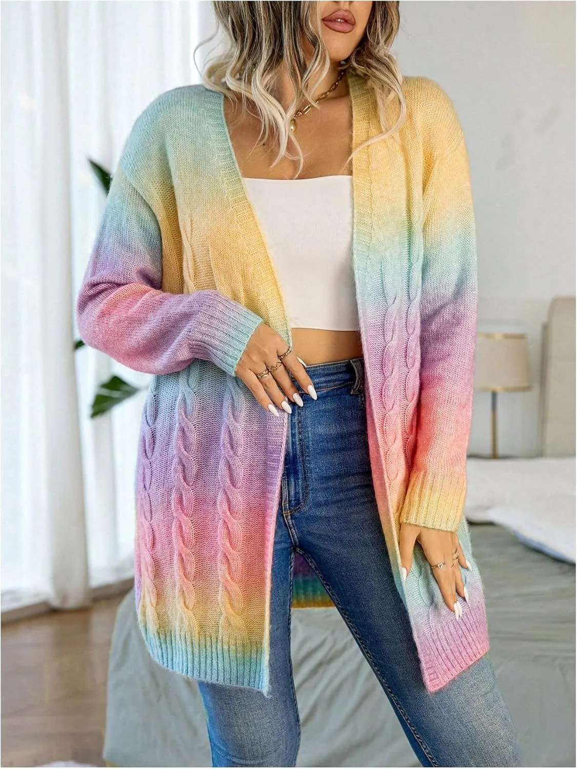 GORGLITTER Women's Plus Size Rainbow Colorful Cardigan Oversized Long Sleeve Cable Knit Cardigan Sweater