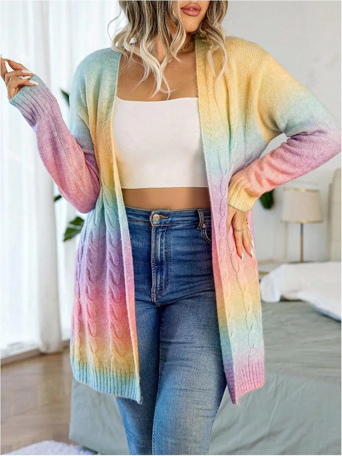 GORGLITTER Women's Plus Size Rainbow Colorful Cardigan Oversized Long Sleeve Cable Knit Cardigan Sweater