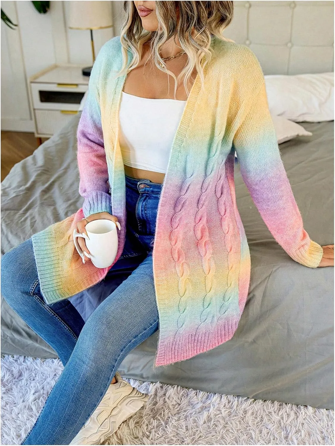 GORGLITTER Women's Plus Size Rainbow Colorful Cardigan Oversized Long Sleeve Cable Knit Cardigan Sweater