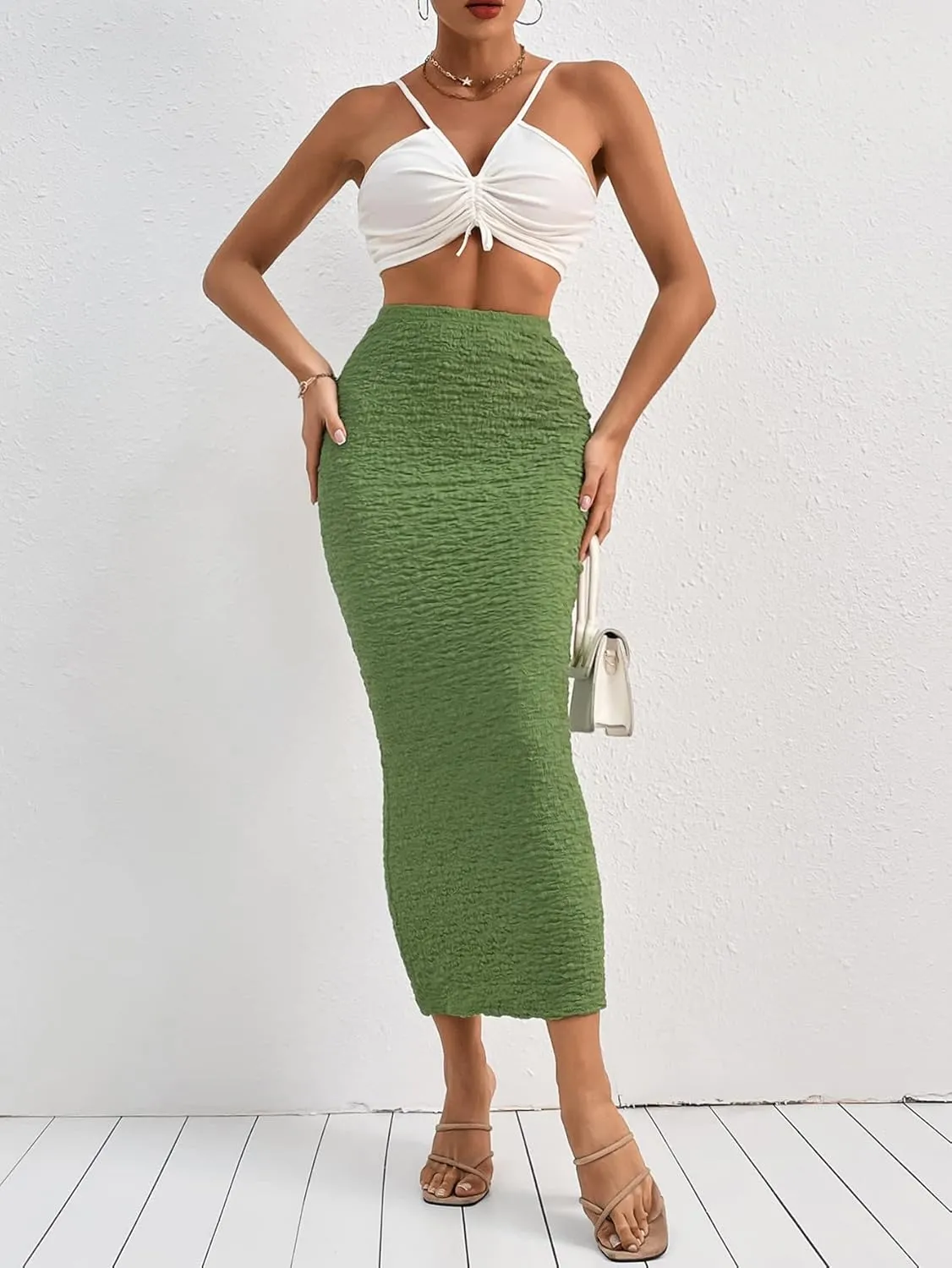 GORGLITTER Women's Texture Bodycon Maxi Skirt High Waist Pencil Long Skirts