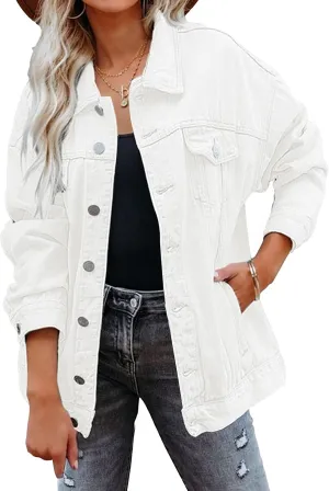 Gozoloma Women's Casual Loose Oversized Denim Jacket Long Sleeved Button Jean Jacket Coat Tops