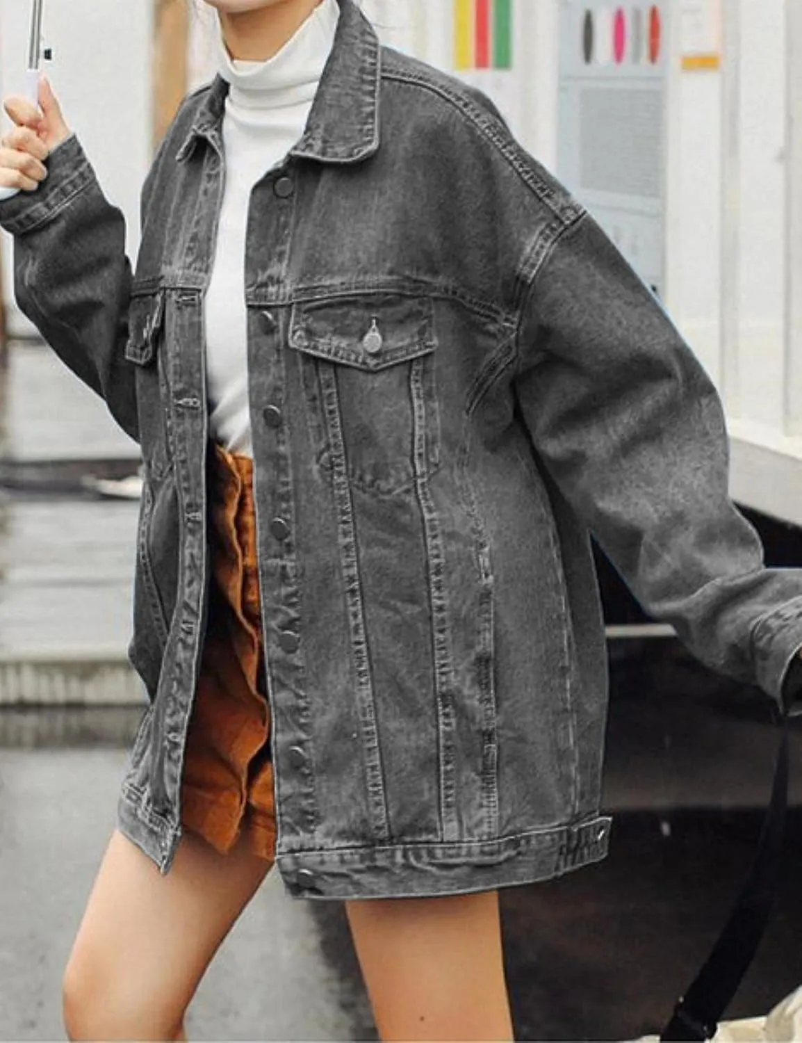 Gozoloma Women's Casual Loose Oversized Denim Jacket Long Sleeved Button Jean Jacket Coat Tops